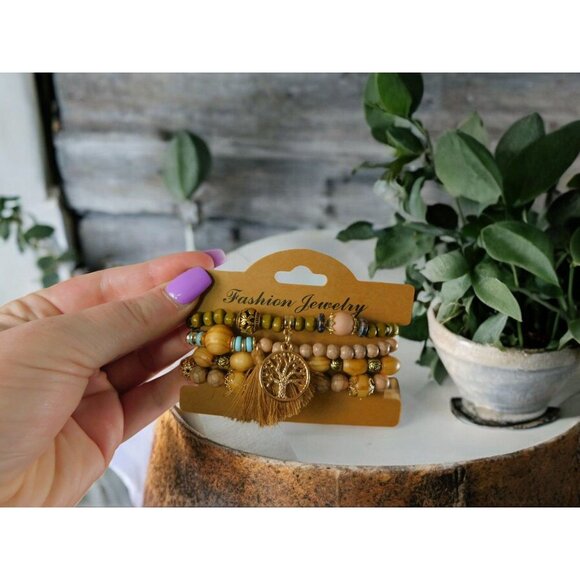 Bohemian Multi-Layered Beaded Bracelet With Tassel & Tree Of Life Charm Jewelry - Picture 3 of 11